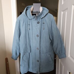 Cold Weather SOFT Warm Slate Blue and Cream Coat- Detachable Hood -Inside Pocket